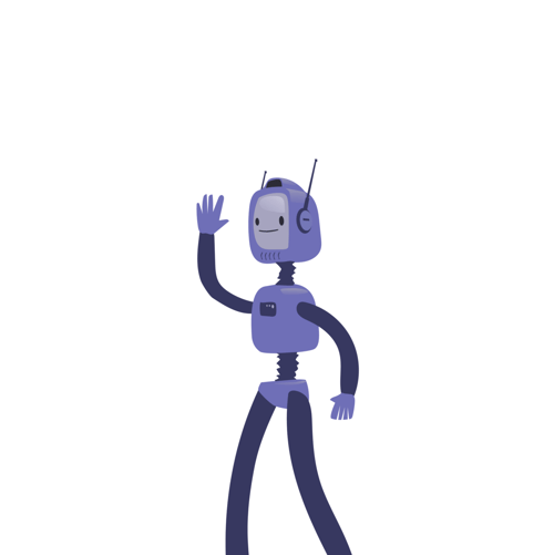 Violetter Datenextraktionsroboter winkt Hallo